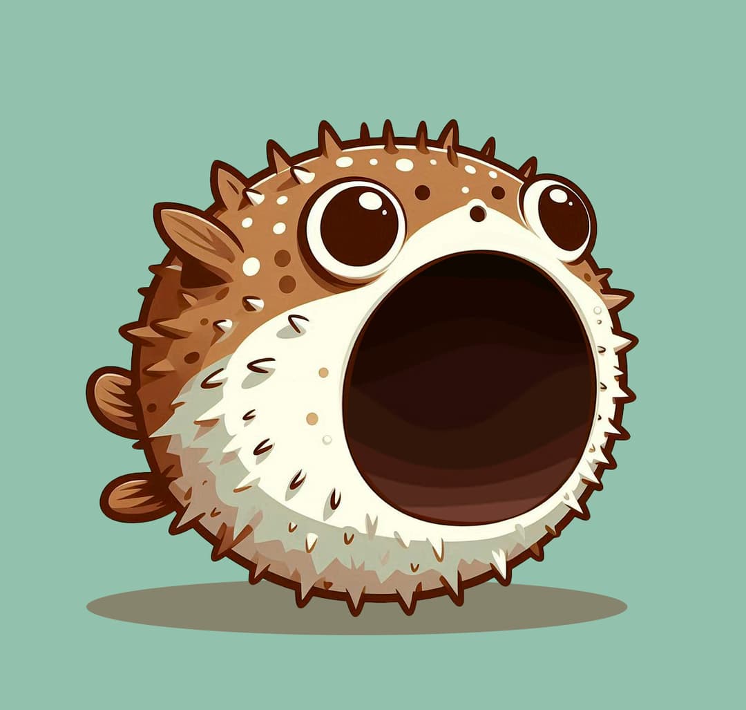 Popfish, a cartoon pufferfish, with a comically large open mouth