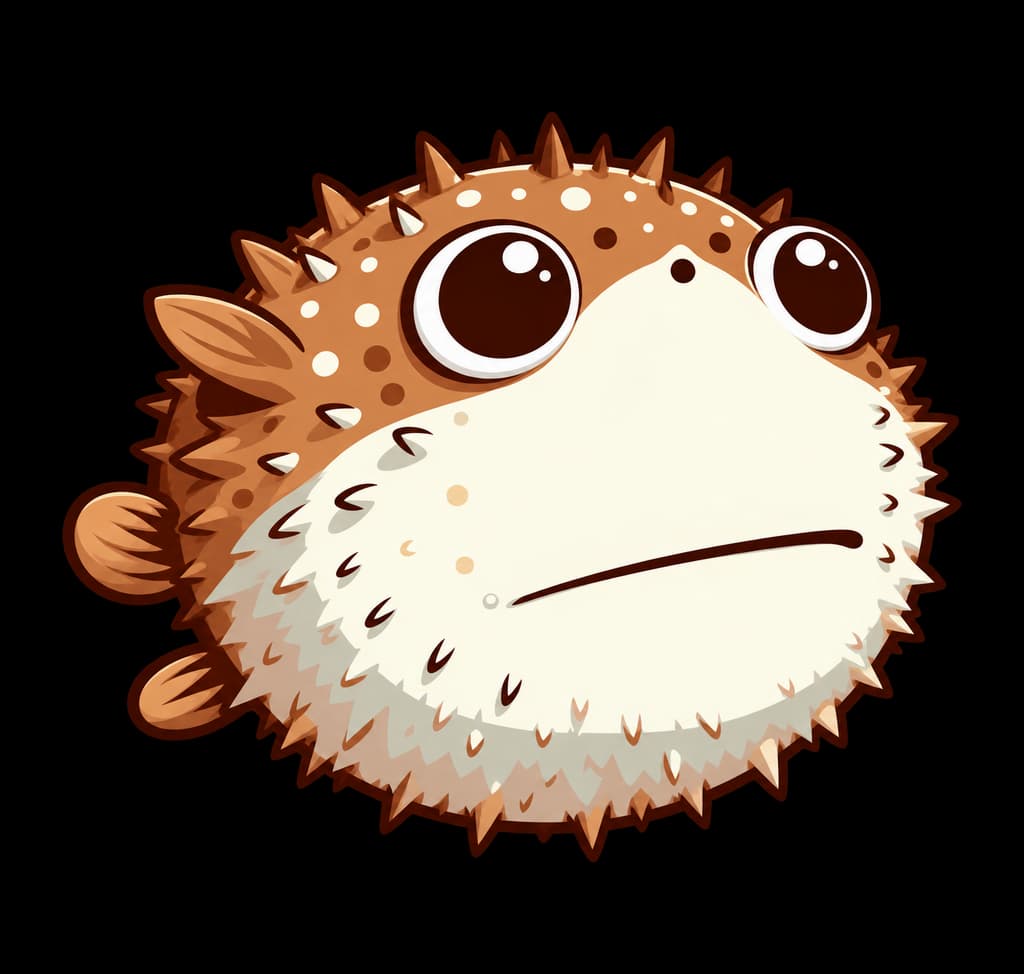Popfish, a cartoon pufferfish, with a comically large closed mouth